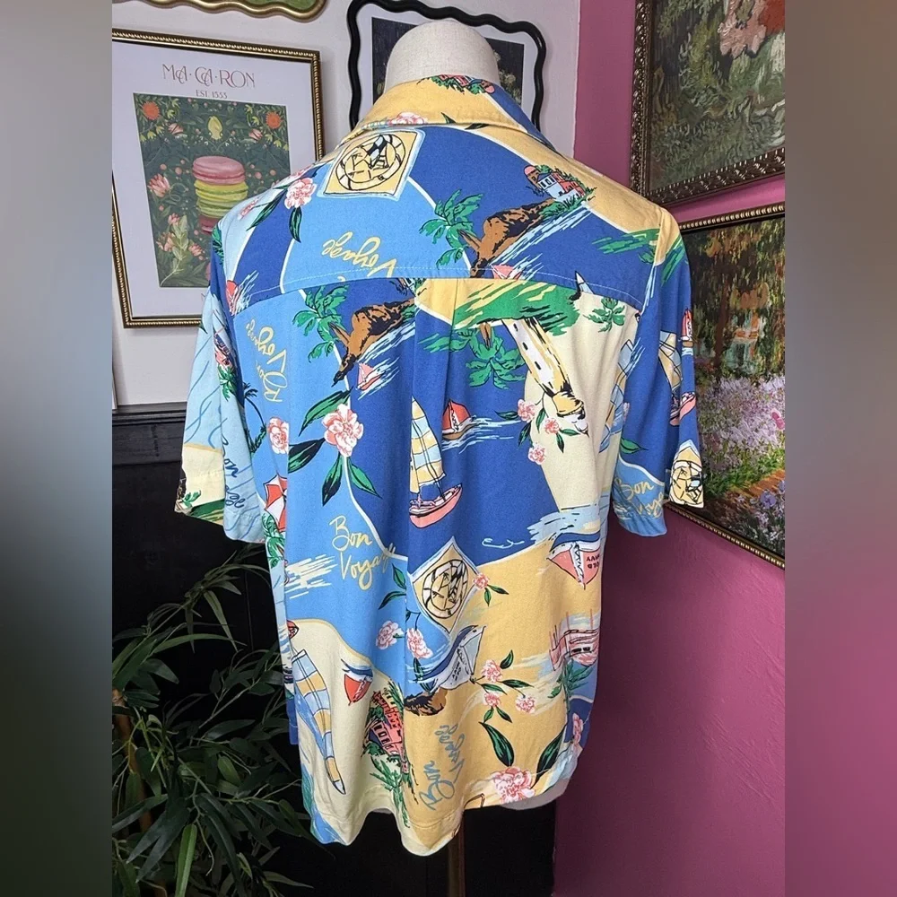 NEW Old Navy Women’s Button-Down Playa Shirt “Bon Voyage” Print Blue Sz S